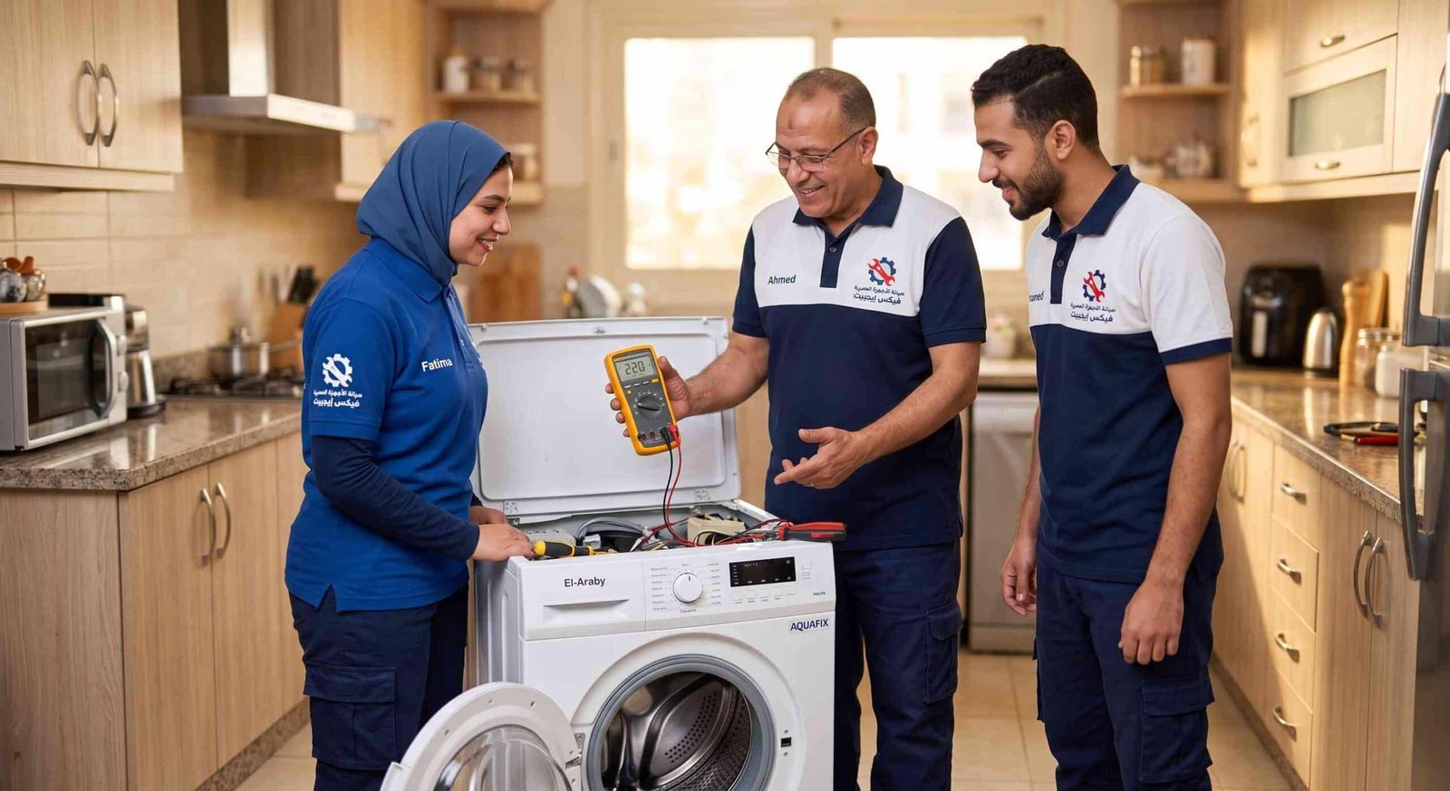من نحن 1 فريق مهندسي مركز صيانة وايت بوينت أثناء الفحص التقني للأجهزة المنزلية